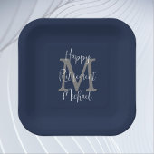 Pensioenpartij Blauw Wit Grijs Naam Monogram Papieren Bordje