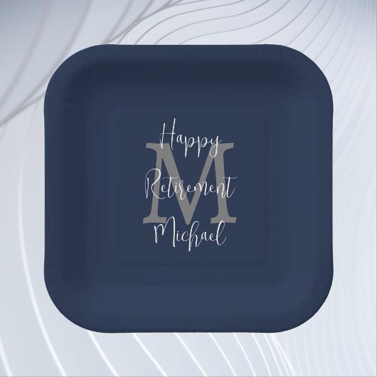 Pensioenpartij Blauw Wit Grijs Naam Monogram Papieren Bordje