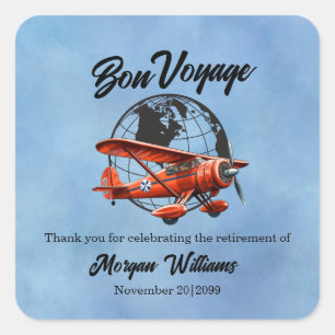 Pensioenpartij Bon Voyage Travel Wereldbol Plane Vierkante Sticker