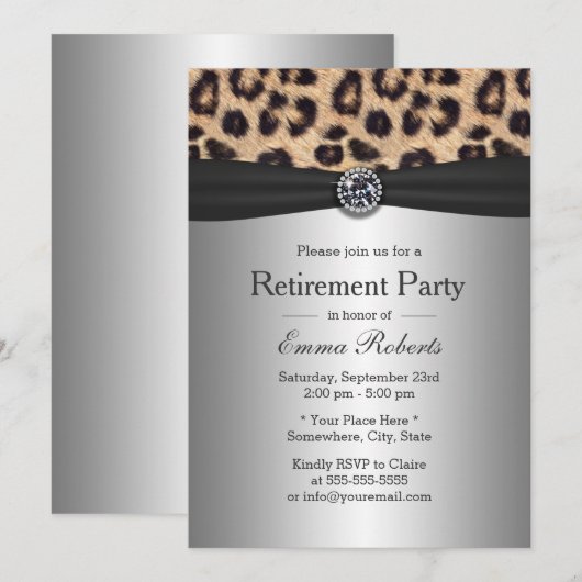 Pensioenpartij Diamond & Leopard Print Silver Kaart (Voorkant / Achterkant)