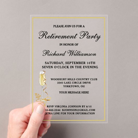 Pensioenpartij Elegant Black en Gold Acryl Uitnodigingen (Insitu (Draagbaar))