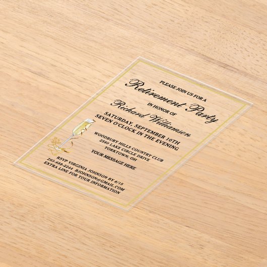 Pensioenpartij Elegant Black en Gold Acryl Uitnodigingen (Laagn)