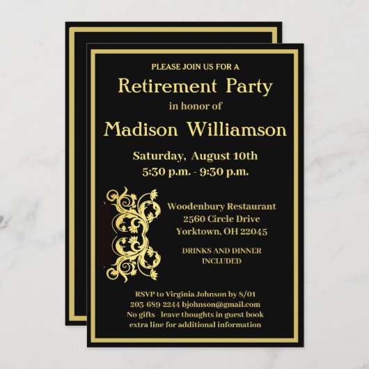 Pensioenpartij Elegant Black Gold Kaart (Voorkant / Achterkant)