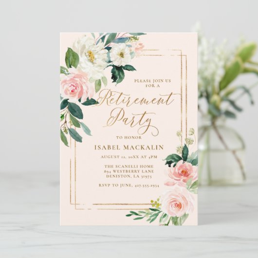 Pensioenpartij Elegant Blush Pink Floral  Kaart (Staand voorkant)