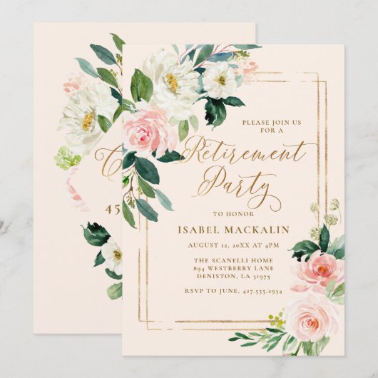 Pensioenpartij Elegant Blush Pink Floral  Kaart (Voorkant / Achterkant)