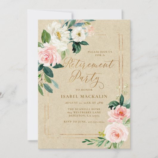 Pensioenpartij Elegant Pink Floral Kraft Rustic Kaart (Voorkant)