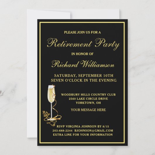Pensioenpartij Elegante Black Gold uitnodiging (Voorkant)