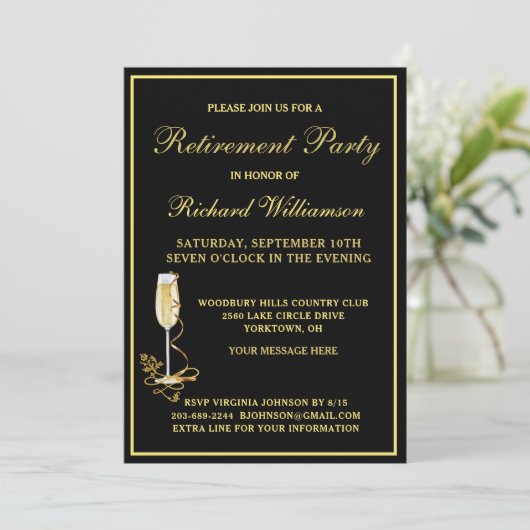 Pensioenpartij Elegante Black Gold uitnodiging (Staand voorkant)