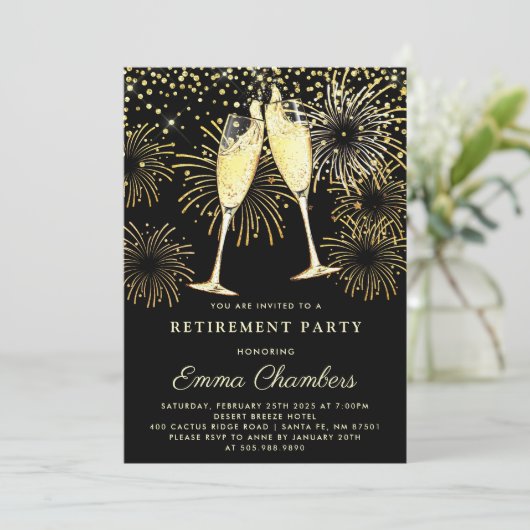 Pensioenpartij Gold Black Glitter Confetti Invit Kaart (Staand voorkant)