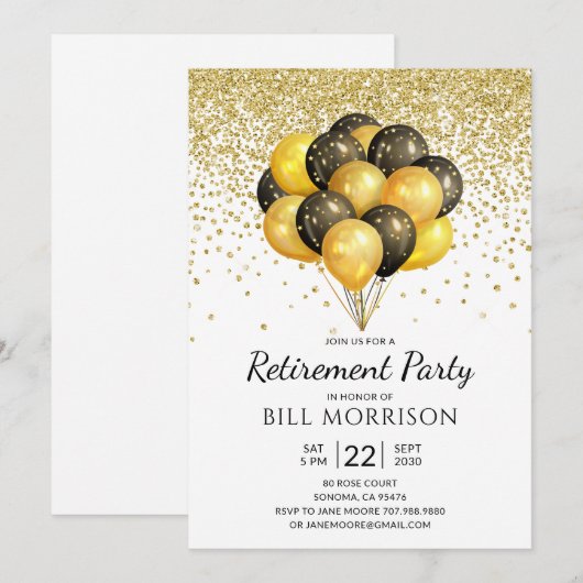 Pensioenpartij Gold Black op witte uitnodiging (Voorkant / Achterkant)
