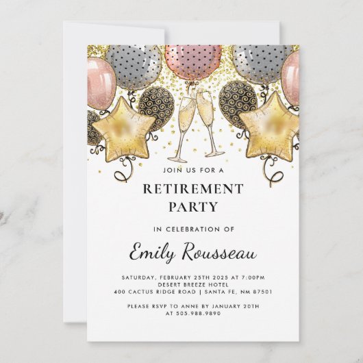 Pensioenpartij Gold Glitter Confetti Balloons Kaart (Voorkant)