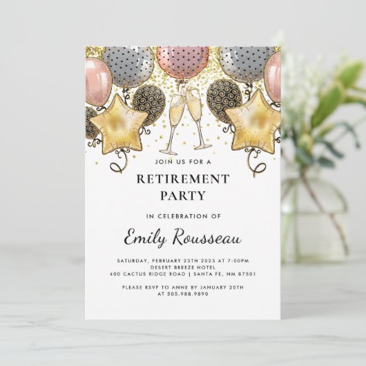 Pensioenpartij Gold Glitter Confetti Balloons Kaart (Staand voorkant)