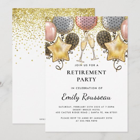 Pensioenpartij Gold Glitter Confetti Balloons Kaart (Voorkant / Achterkant)