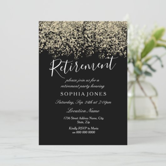 Pensioenpartij Gold Glitter Confetti Invite Kaart (Staand voorkant)