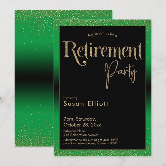 Pensioenpartij Gold Glitter op Bright Green Kaart (Voorkant / Achterkant)