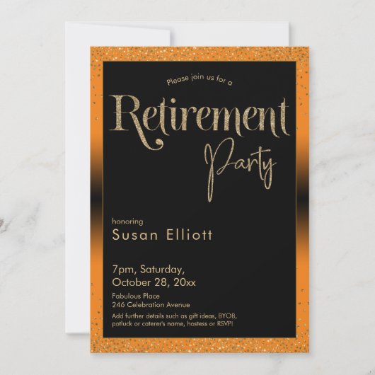 Pensioenpartij Gold Glitter op Helder Sinaasappel Kaart (Voorkant)