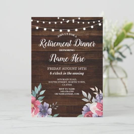 Pensioenpartij in ruste hout RozeFlowers nodigt ui Kaart (Staand voorkant)