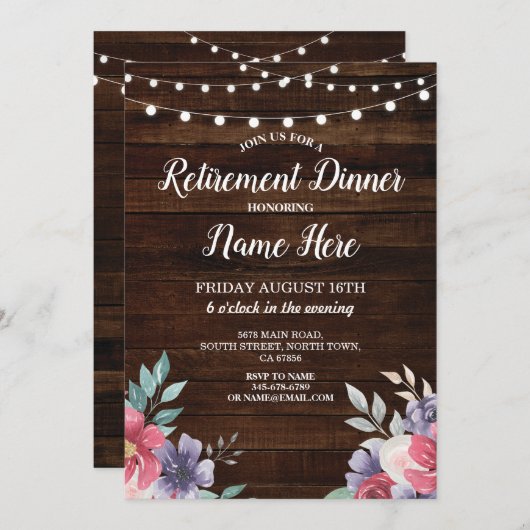 Pensioenpartij in ruste hout RozeFlowers nodigt ui Kaart (Voorkant / Achterkant)