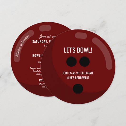 Pensioenpartij: "Laten we bowlen!" Red Bowling Bal Kaart (Voorkant / Achterkant)