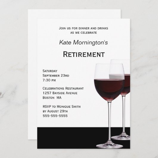 Pensioenpartij Moderne zwarte en witte rode wijn Kaart (Voorkant / Achterkant)