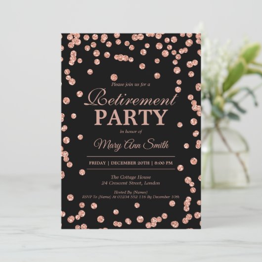 Pensioenpartij Roos Gold Glitter Confetti Kaart (Staand voorkant)
