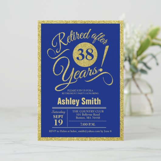 Pensioenpartij - Royal Blue Gold Invitation Kaart (Staand voorkant)