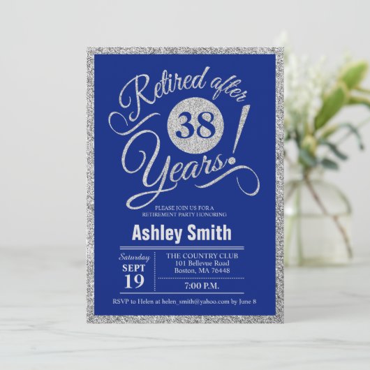 Pensioenpartij - Royal Blue Silver Invitation Kaart (Staand voorkant)