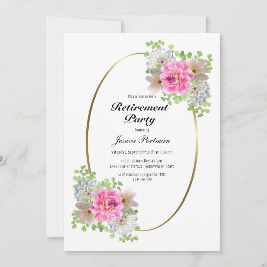Pensioenpartij roze gouduitnodiging kaart (Voorkant)