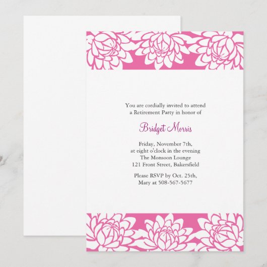 Pensioenpartij Roze Modern en Floral Invite Kaart (Voorkant / Achterkant)