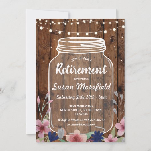 Pensioenpartij Rustic Jar Wood Floral Invite Kaart (Voorkant)