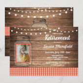 Pensioenpartij Rustic Jar Wood Red Gingham Foto Kaart (Voorkant / Achterkant)