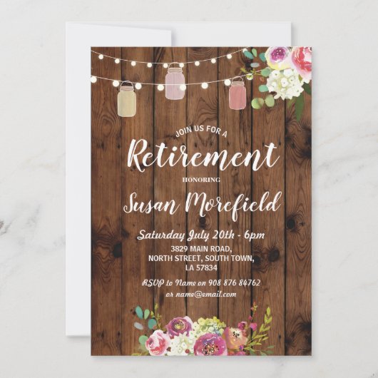 Pensioenpartij Rustic Jars Wood Floral Invite Kaart (Voorkant)