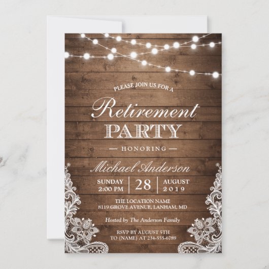 Pensioenpartij | Rustige Wood String Lights Lace Kaart (Voorkant)