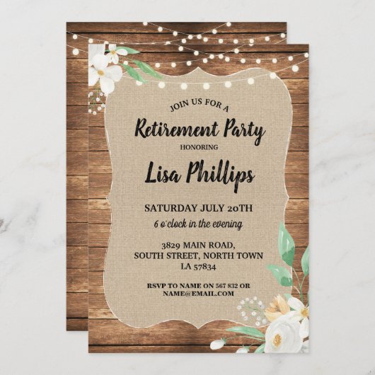 Pensioenpartij Rustische Witte Bloemen Hout Burlap Kaart (Voorkant / Achterkant)