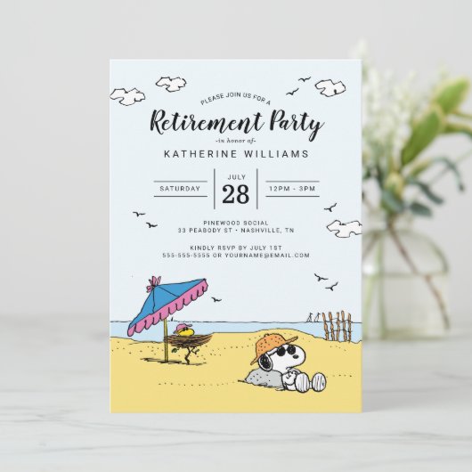 Pensioenpartij | Snoopy & Woodstock op het strand Kaart (Staand voorkant)