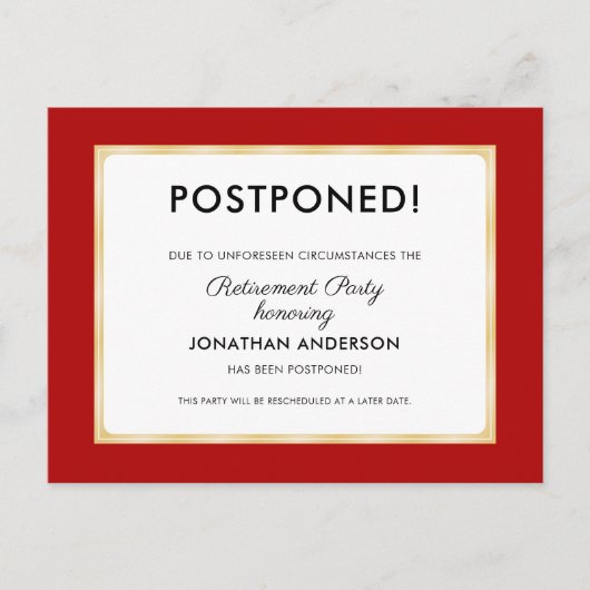 Pensioenpartij uitgesteld rood en goud briefkaart (Voorkant)