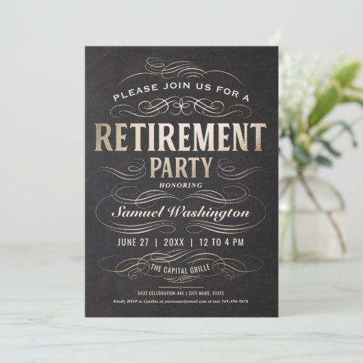 Pensioenpartij Uitnodigingen Gold Foil Scrollwork (Staand voorkant)