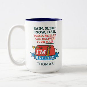 Pensioenpartij voor postpersoneel in ruste tweekleurige koffiemok