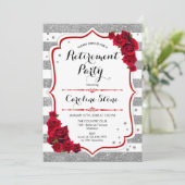 Pensioenpartij - Zilveren witte strepen Rozen Kaart (Staand voorkant)