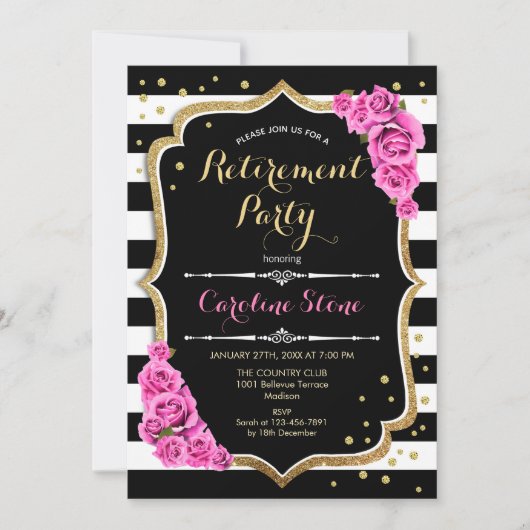 Pensioenpartij - Zwarte witte strepen roze rozen Kaart (Voorkant)