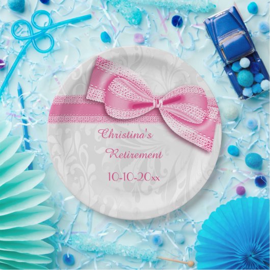 Pensioenroze Damask en Faux Bow Papieren Bordje (Feest)