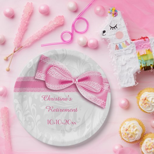 Pensioenroze Damask en Faux Bow Papieren Bordje (Feest)