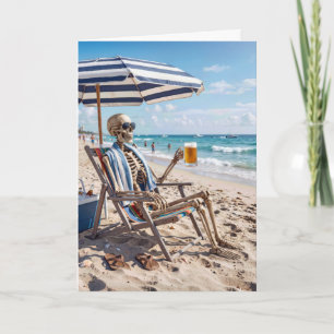 Pensioenskelet met bier op een strand kaart