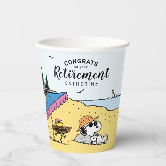 Pensioenuitkering | Snoopy & Woodstock op het stra Papieren Bekers (Voorkant)