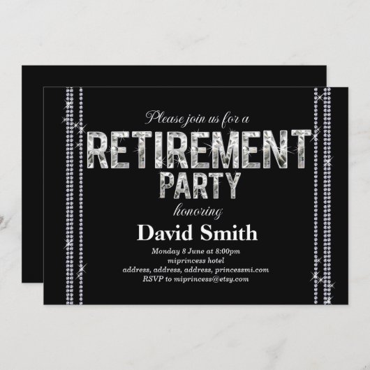Pensioenuitnodiging, glitter, glazuur zwart kaart (Voorkant / Achterkant)