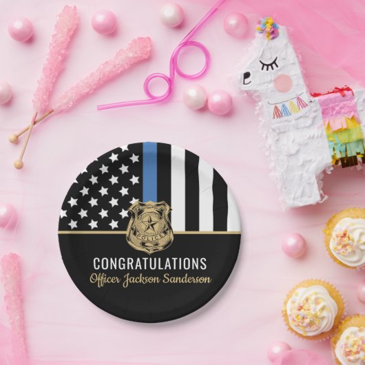 Pensioenwet van politiebeambte met blauwe lijn vla papieren bordje (Feest)