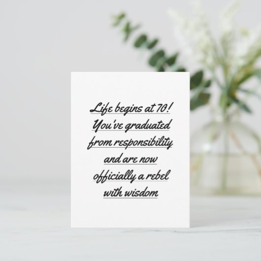 Pensionering begint op 70, 70ste verjaardag briefkaart (Staand voorkant)