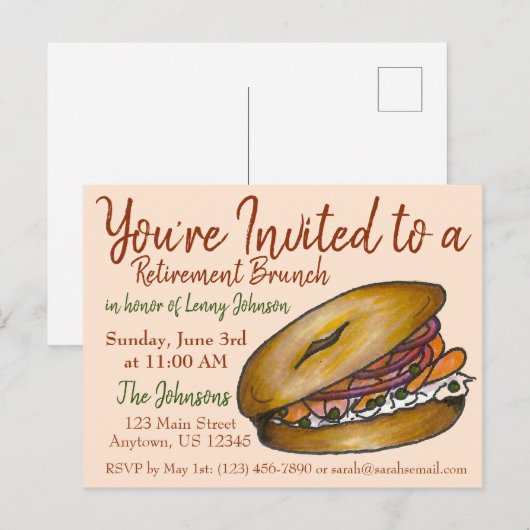 Pensionering Breakfast Brunch Bagel Lox Capers Oni Uitnodiging Briefkaart (Voorkant / Achterkant)