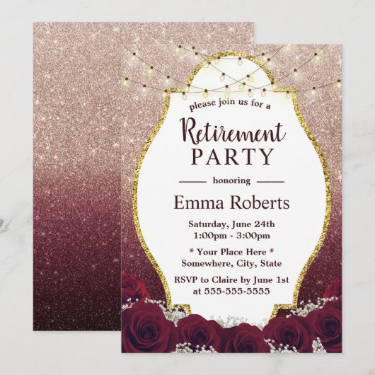 Pensionering Burgundy Floral Roos Gold Ombre Glitt Kaart (Voorkant / Achterkant)