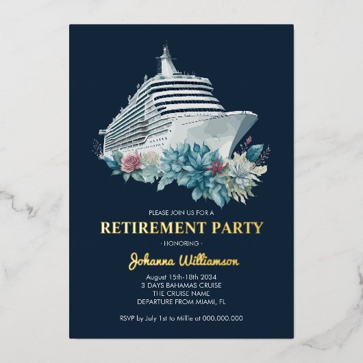Pensionering cruiseschepen partij goudolie uitnodi folie uitnodiging (Voorkant)